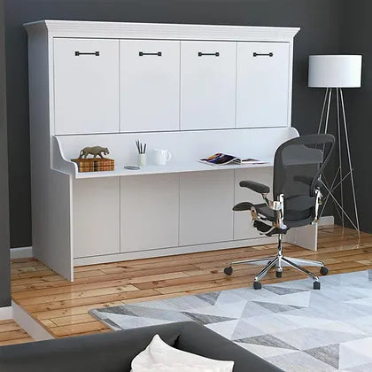 Horizontal Murphy Bed with Desk, Queen Size, White | Leto Muro