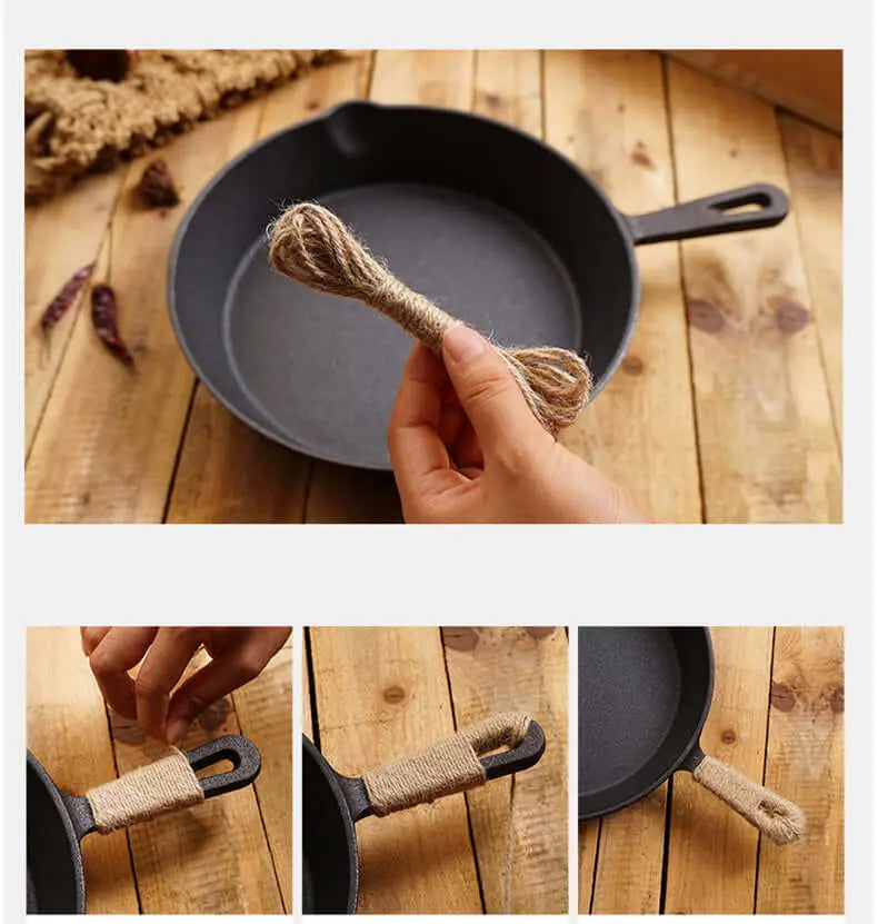 Wrapping handle of a 26cm cast iron skillet with hemp rope for camping use, emphasizing durability and authentic cooking experience.