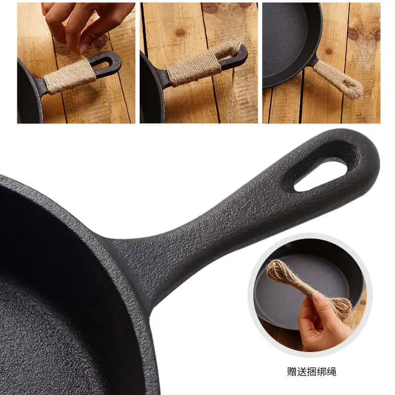 Cast iron pan with handle wrap, perfect for camping, shown on wooden surface with string detail.
