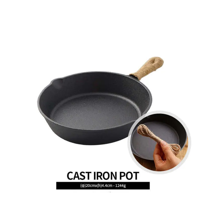 Poêle en fonte avec poignée en corde rustique, diamètre de 20 cm, idéale pour le camping et la cuisson au feu ouvert.