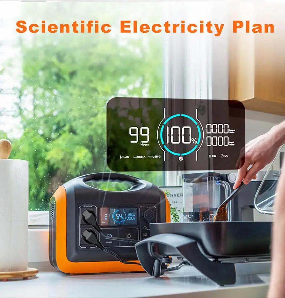 Portable solar power station with digital display on a kitchen counter, used for eco-friendly electricity during travel.