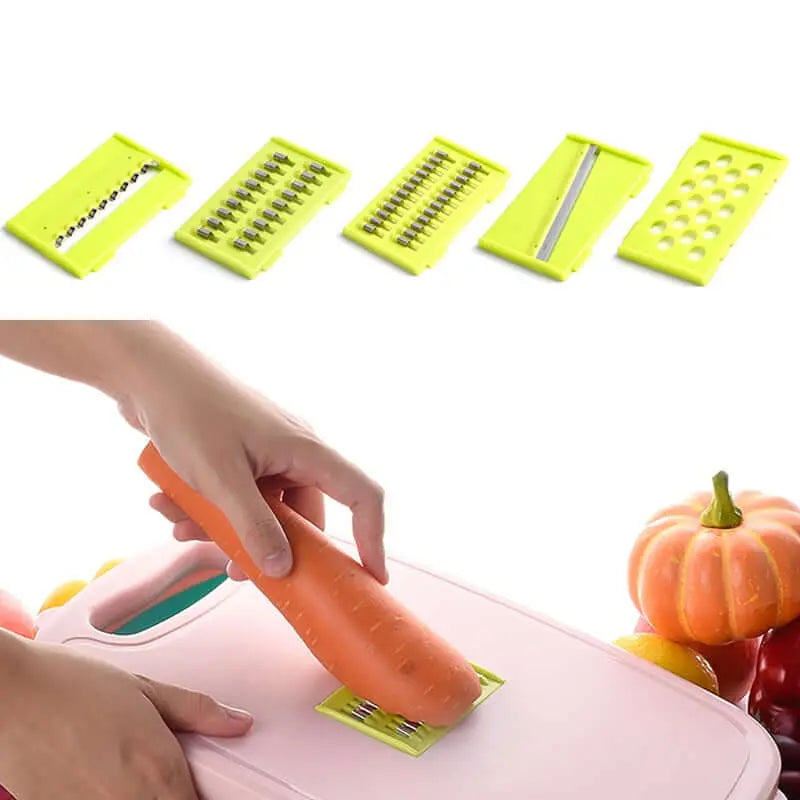 Multifunctional 9-in-1 mandoline cutting board for camping with interchangeable blades, showing a carrot being grated.