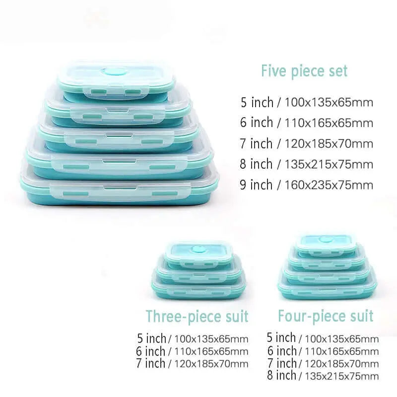 Ensemble de 5 boîtes à lunch en silicone pliables de différentes tailles, idéales pour un rangement gain de place, compatibles avec le lave-vaisselle et le micro-ondes.
