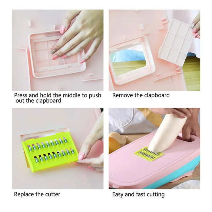 Un mandoline coupe-légumes multifonctionnel en cours d'assemblage et utilisé pour une coupe efficace, montrant des instructions faciles étape par étape.