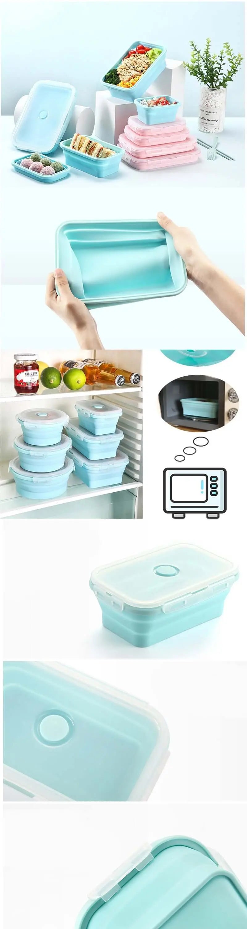 Des boîtes à lunch en silicone pliables de différentes couleurs, montrant polyvalence de stockage et d'utilisation pour le camping et la maison, sans BPA et compatibles avec le micro-ondes.