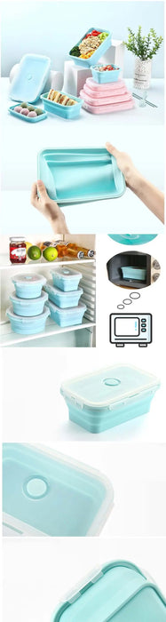 Des boîtes à lunch en silicone pliables de différentes couleurs, montrant polyvalence de stockage et d'utilisation pour le camping et la maison, sans BPA et compatibles avec le micro-ondes.