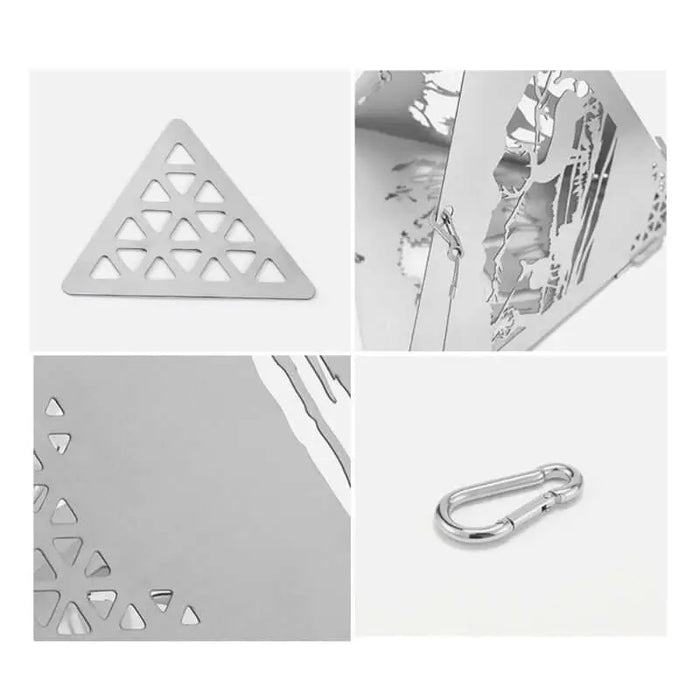 Gros plan sur le support suspendu triangulaire en acier inoxydable pour le camping, montrant le design amovible et les clips robustes pour un transport et un assemblage faciles.