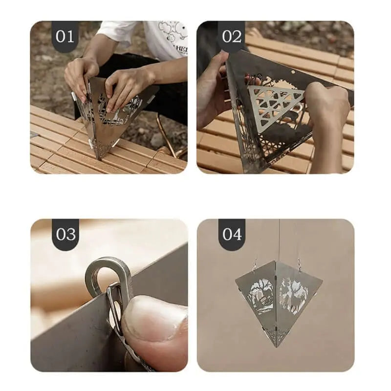 Steps to assemble a triangular campfire grill with detachable steel frame. Perfect for portable and durable outdoor cooking.