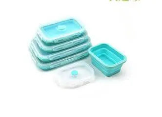 Lot de 5 boîtes à lunch pliables en silicone turquoise, empilées et dépliées, idéales pour le camping et le stockage compact.