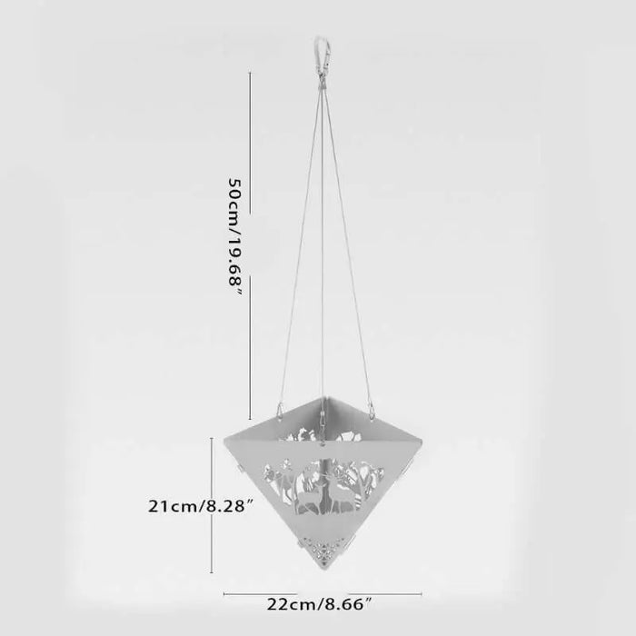 Suspension de feu de camp triangulaire avec cadre en acier inoxydable, dimensions : 50 cm de hauteur, 22 cm de largeur à la base, parfait pour le camping en plein air.