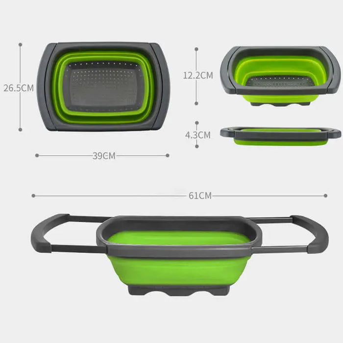 Presse-plieuse en silicone vert avec poignées ajustables, dimensions indiquées pour le camping et les activités en plein air.