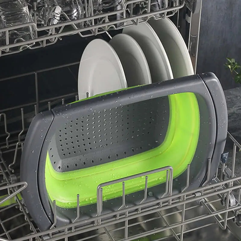 Colaire en silicone vert pliable avec des poignées ajustables, idéal pour le camping et les cuisines de camionnette, passe au lave-vaisselle.