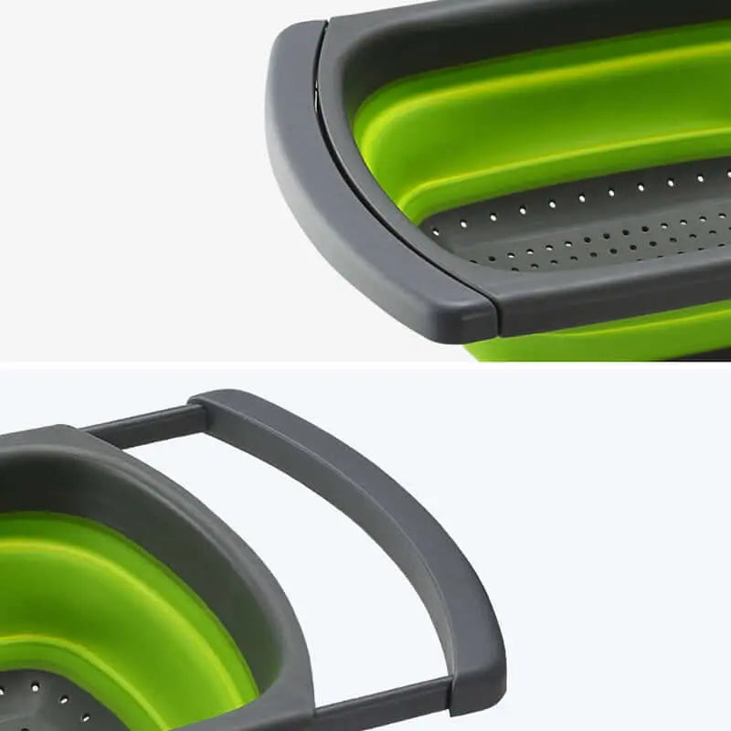 Passoire pliable en silicone verte avec poignées réglables, grande capacité, idéale pour le camping et la cuisine mobile.