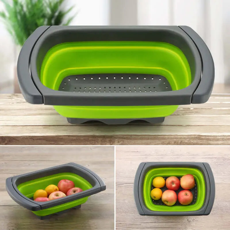Passoire pliable en silicone avec grande capacité et poignées réglables, idéale pour le camping et la cuisine mobile, montrant des fruits à l'intérieur.