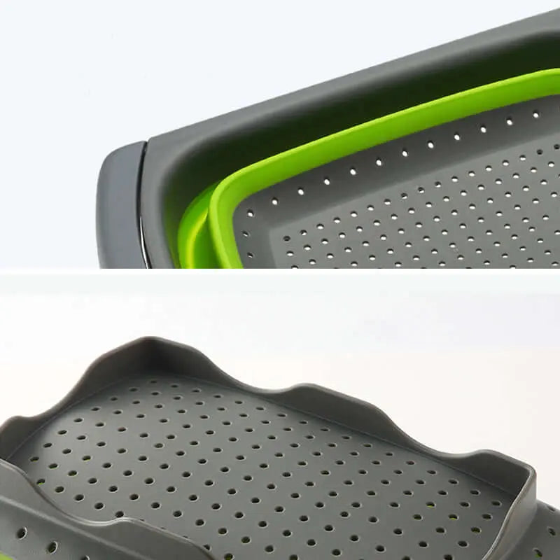Passoire pliable en silicone vert/gris avec poignées réglables, idéale pour le camping et la cuisine mobile, grande capacité.