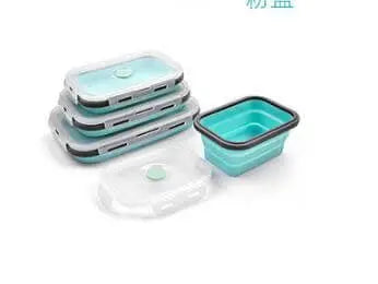 Ensemble de 5 boîtes à lunch en silicone pliables bleues, idéales pour le camping et la maison. Design gain de place, compatible avec le congélateur, le micro-ondes et le lave-vaisselle.