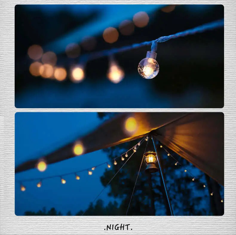 Solar USB LED string lights illuminating a rooftop tent for outdoor camping ambiance at night.