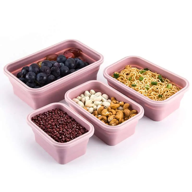 Set de 5 boîtes à lunch en silicone pink collapsible, remplies de divers aliments, parfaites pour le camping, les voyages et le rangement à la maison.