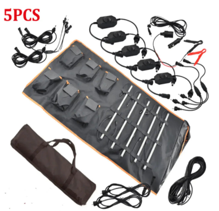 Pack de 5 barres lumineuses LED étanches de 50 cm avec support magnétique pour tentes, comprend des câbles d’extension et un sac de transport pour le camping.