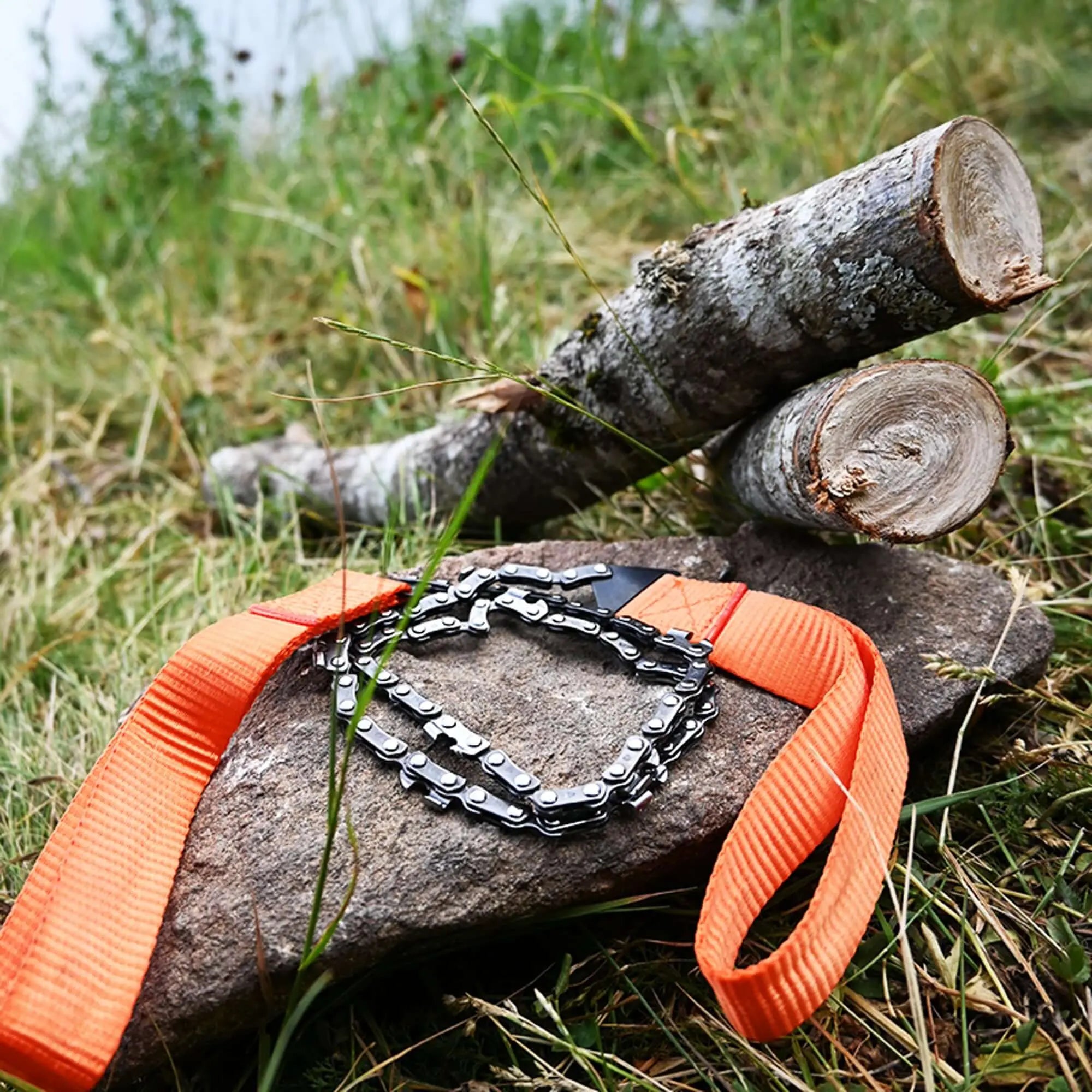 Portable camping manual saw with orange nylon handles placed on a rock, ideal for cutting wood, in a grassy outdoor setting.