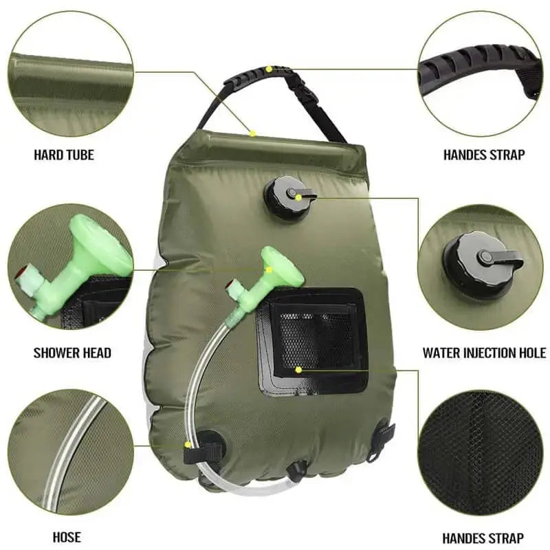Portable 20L solar camping shower bag with hose, shower head, and water injection hole, ideal for outdoor activities.