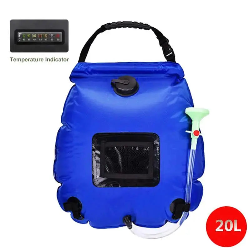 Poche de douche solaire portable 20L en bleu avec indicateur de température pour camping et activités extérieures.