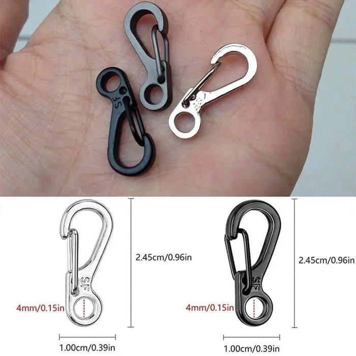 10 pièces de mini mousquetons de survie pour le camping, accessoires robustes et résistants, dimensions 2,45 cm x 1,00 cm x 4 mm, noir et argenté.