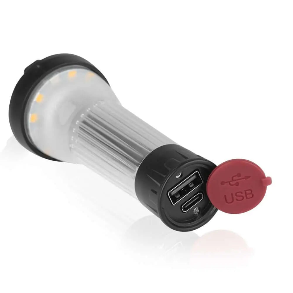 Rechargeable camping lantern with USB port, featuring bright LED bulbs for outdoor adventures like camping and picnics.