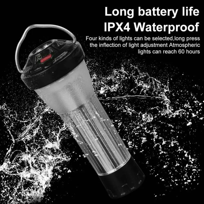 Lampe de camping rechargeable étanche avec une longue durée de vie de la batterie, dotée d'une classification IPX4 et de plusieurs modes d'éclairage, résistante aux éclaboussures d'eau.
