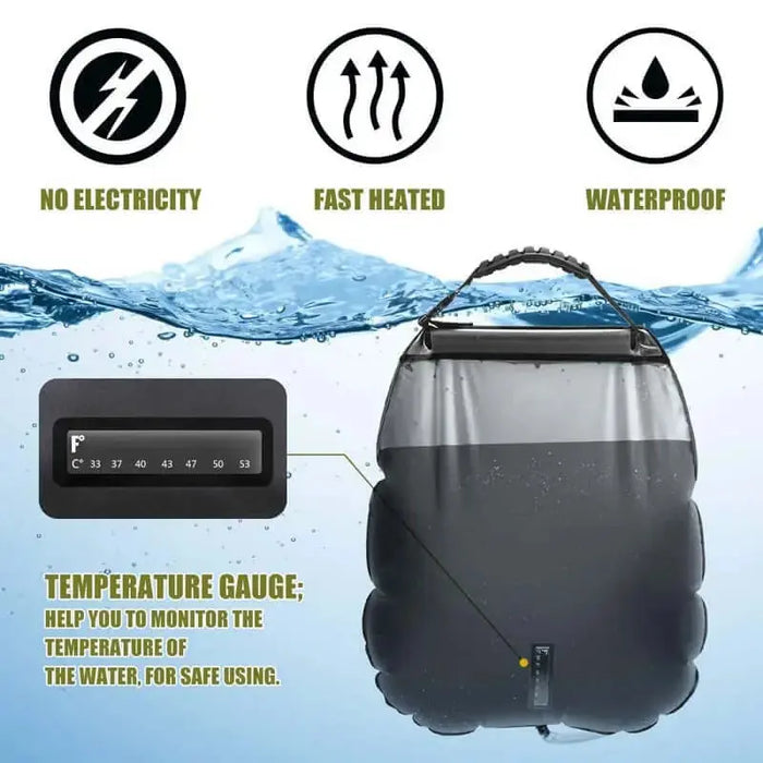 Sac de douche de camping solaire de 20 L avec thermomètre, mettant en avant un chauffage rapide, des caractéristiques étanches et sans besoin d'électricité.