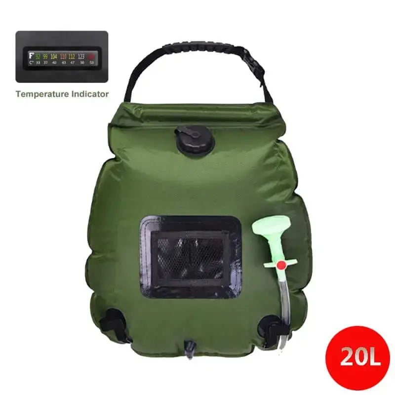 20L solar camping shower bag with temperature indicator, ideal for outdoor activities like hiking, fishing, and hunting.