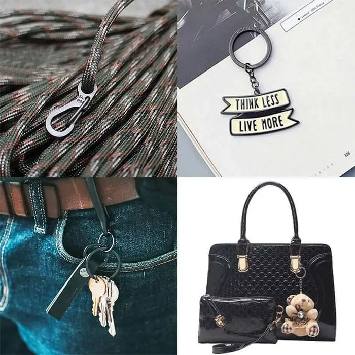 Image de mini mousquetons utilisés de différentes manières : sur une corde, en tant que porte-clés, attachés à un sac, montrant leur polyvalence et leur style.