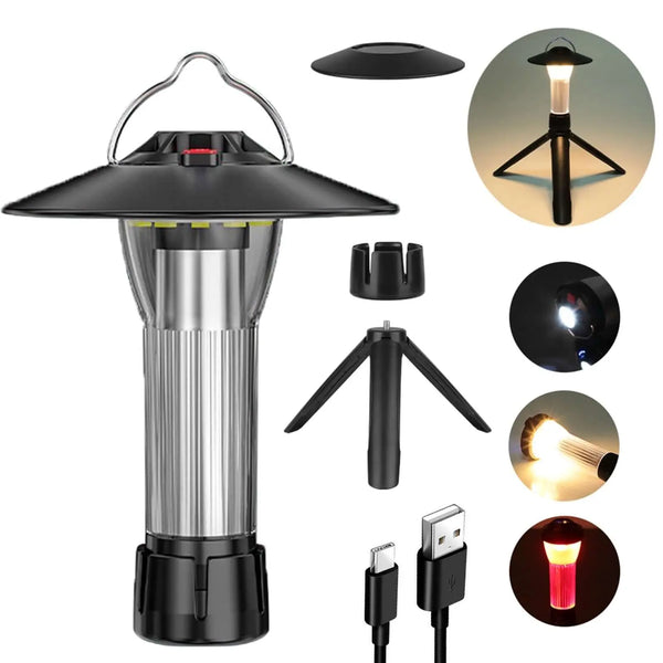 Multifunctional rechargeable camping tent lantern with solar USB, 100 LED, waterproof design, shown with accessories and lighting modes.