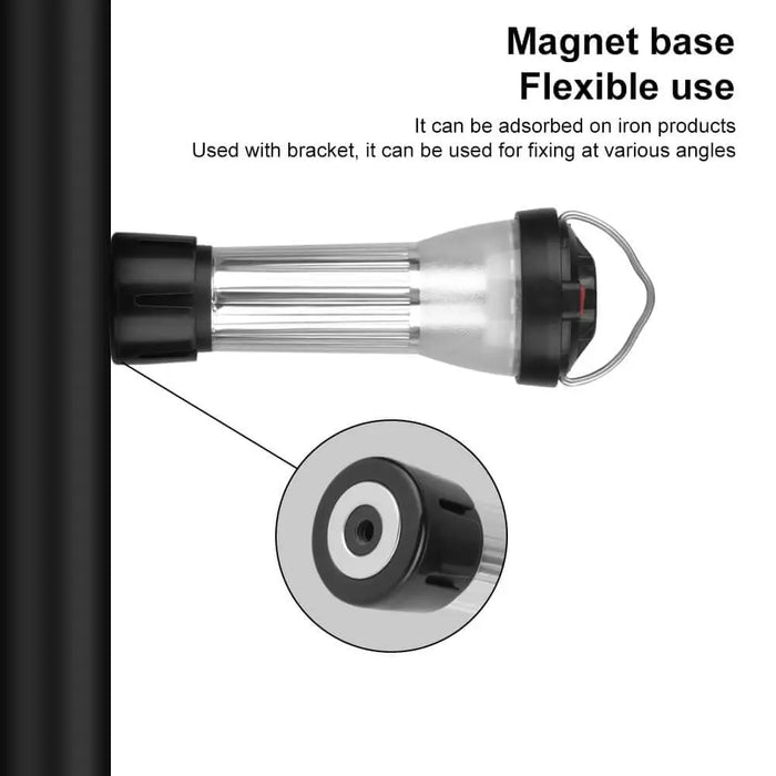 Lanternes de camping rechargeables avec base magnétique, montrées fixées à une surface en fer. Utilisation flexible avec support pour un angle de fixation varié.
