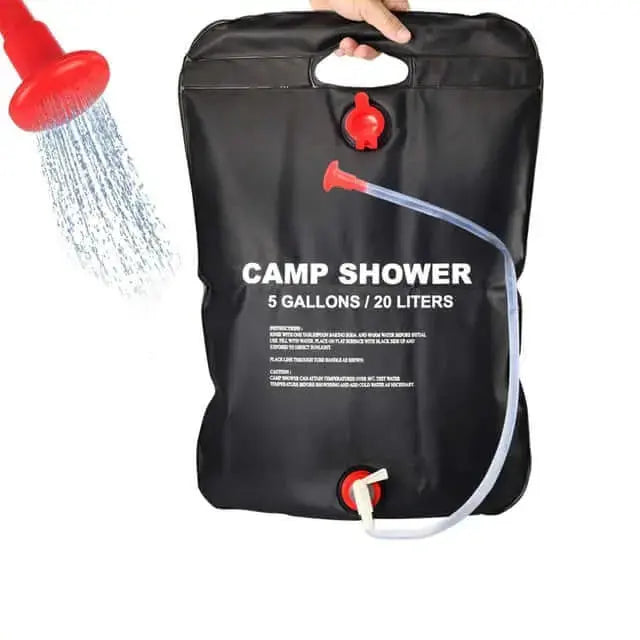 Portable solar camping shower bag, 20L capacity, eco-friendly design, ideal for hiking, camping, and outdoor activities.