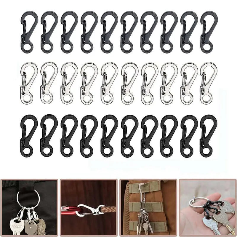 Set of 10 mini survival carabiners in black and silver, ideal for camping gear attachment and outdoor accessories.