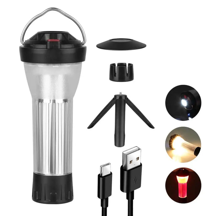Lanterne multifonction rechargeable pour camping avec lumières LED, chargement solaire et USB, trépied inclus, et câble USB.