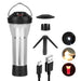 Lanterne multifonction rechargeable pour camping avec lumières LED, chargement solaire et USB, trépied inclus, et câble USB.
