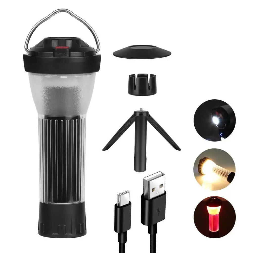 Rechargeable multifunctional camping lantern with tripod and USB solar charging, ideal for outdoor adventures and night exploration.