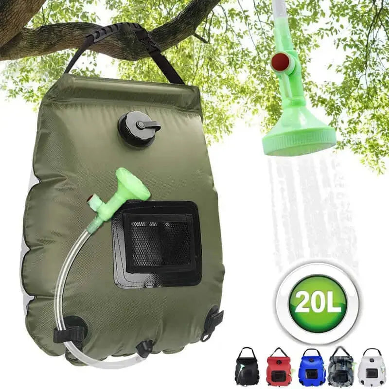 20L portable solar camping shower bag for outdoor activities, featuring green showerhead and multiple color options.