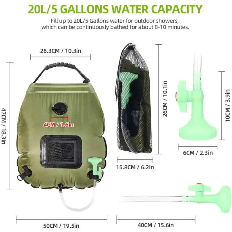 Portable 20L solar camping shower bag with measurements and green nozzle, for wilderness camping, hiking, and eco-friendly use.