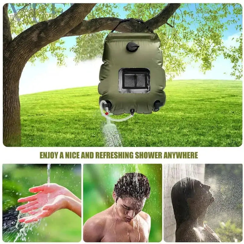 Portable solar shower bag hanging on tree, providing an eco-friendly shower in nature, ideal for camping and outdoor activities.