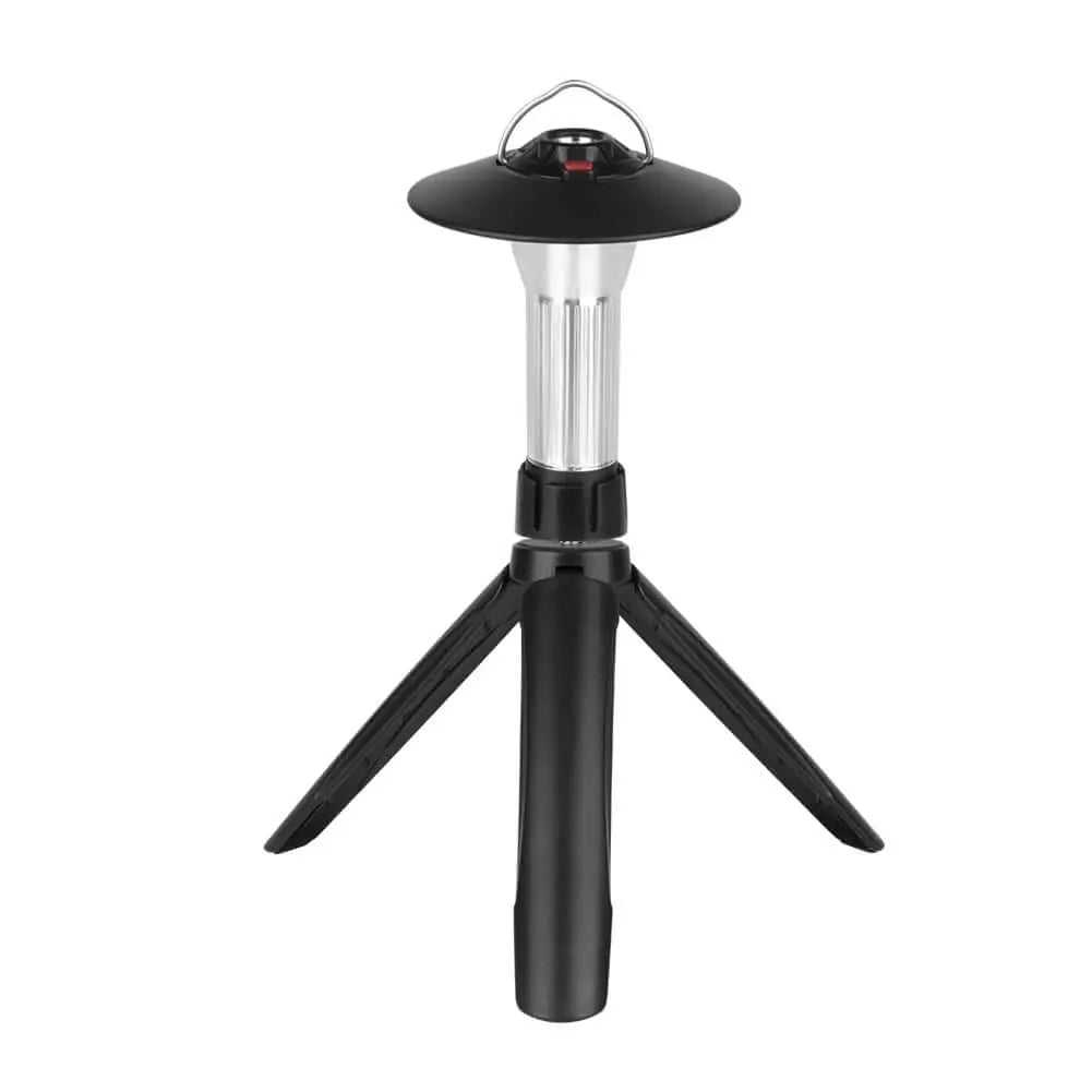 Multifunction rechargeable camping lantern with tripod design and LED lights for outdoor adventures.