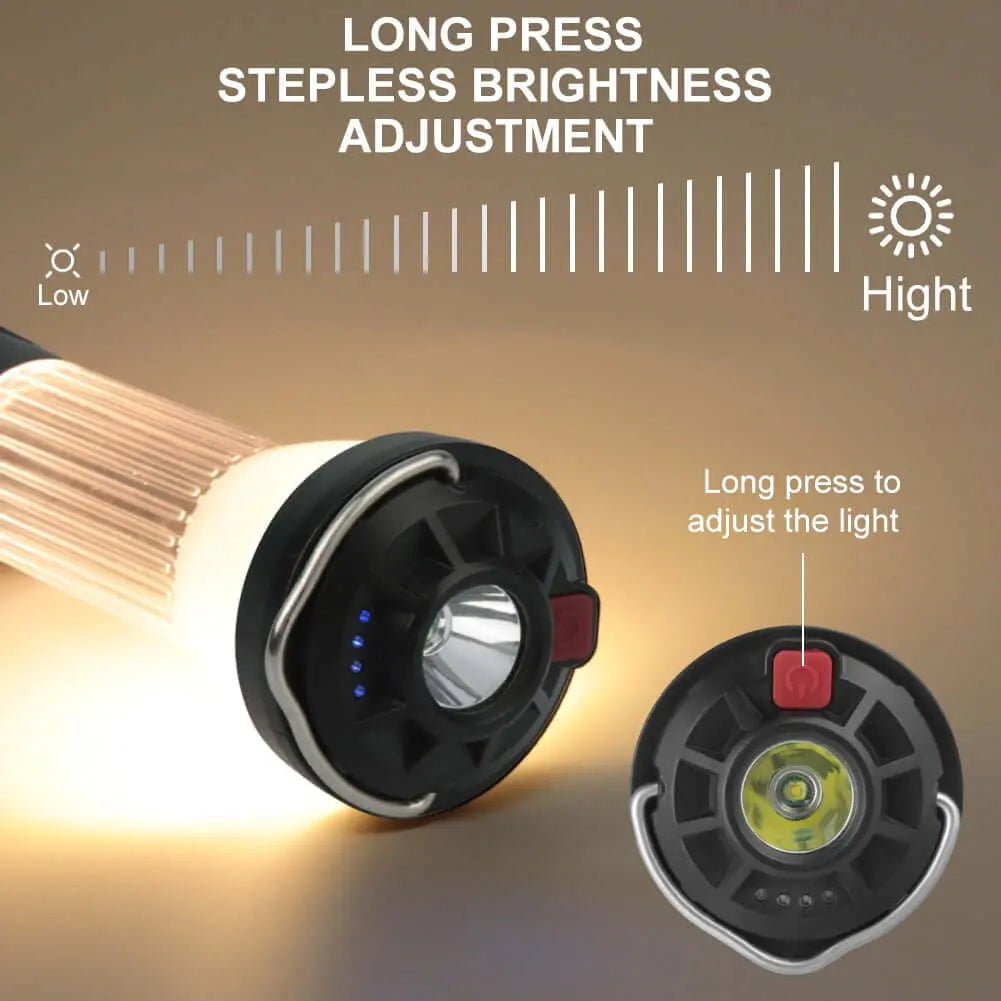 Camping lantern with stepless brightness adjustment feature, showing control mechanism for solar rechargeable LED lights.