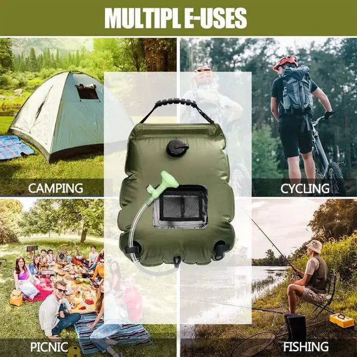 Sac de douche solaire portable de 20 L dans divers environnements extérieurs : camping, cyclisme, pique-nique, pêche. Écologique et polyvalent.