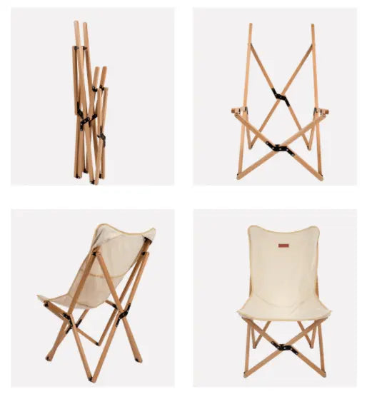 Chaise pliante en bois XL beige pour camping, pique-nique, et plage, montrée pliée et dépliée pour un confort et une portabilité optimaux.
