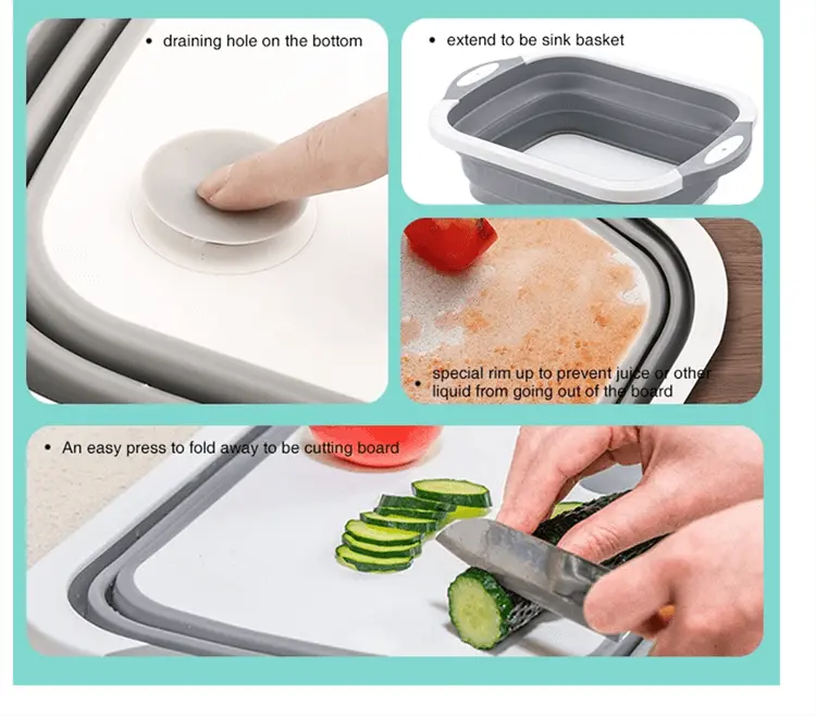 Évier de camping en silicone pliable utilisé comme planche à découper, mettant en avant sa multifonctionnalité avec un trou de drainage et des caractéristiques extensibles.