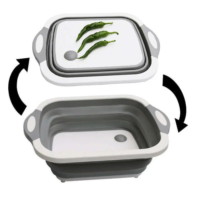 Évier de camping pliable en silicone et planche à découper portable avec un design flexible.