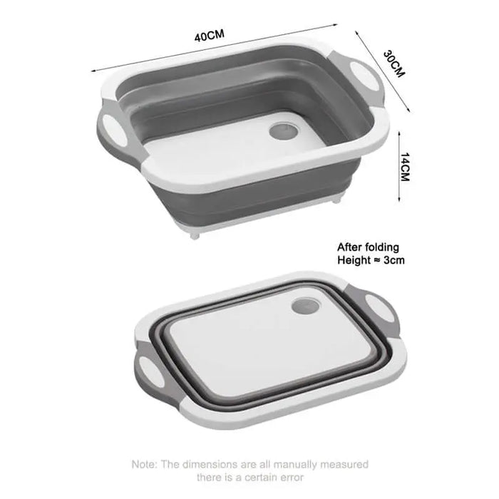 Évier pliable en silicone pour le camping avec des dimensions, plié et déplié, idéal pour la cuisine en plein air et les activités nomades.