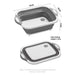 Évier pliable en silicone pour le camping avec des dimensions, plié et déplié, idéal pour la cuisine en plein air et les activités nomades.